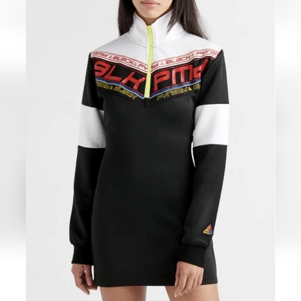 Black Pyramid Half-Zip Logo Bodycon Dress | Long Sleeve Streetwear